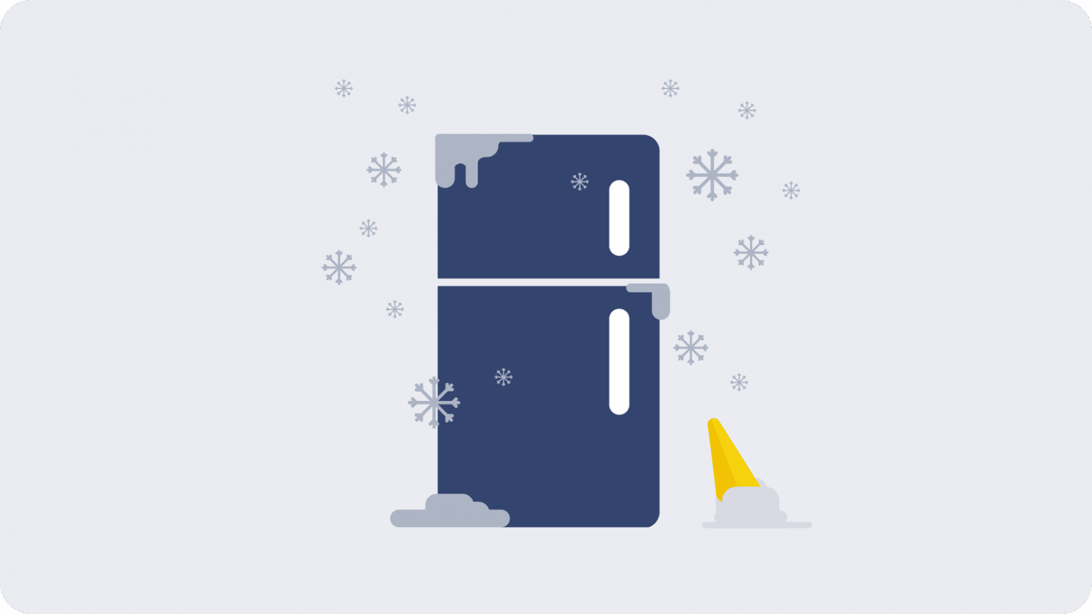 A graphic showing a fridge freezer with snowflakes in the air and an Ice cream cone on the floor