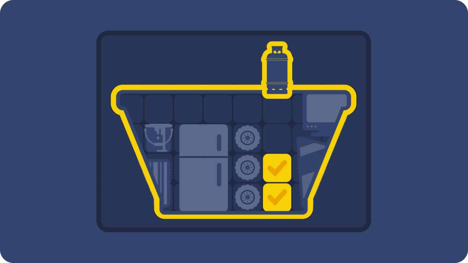Graphic showing a skip being filled with different sized items.